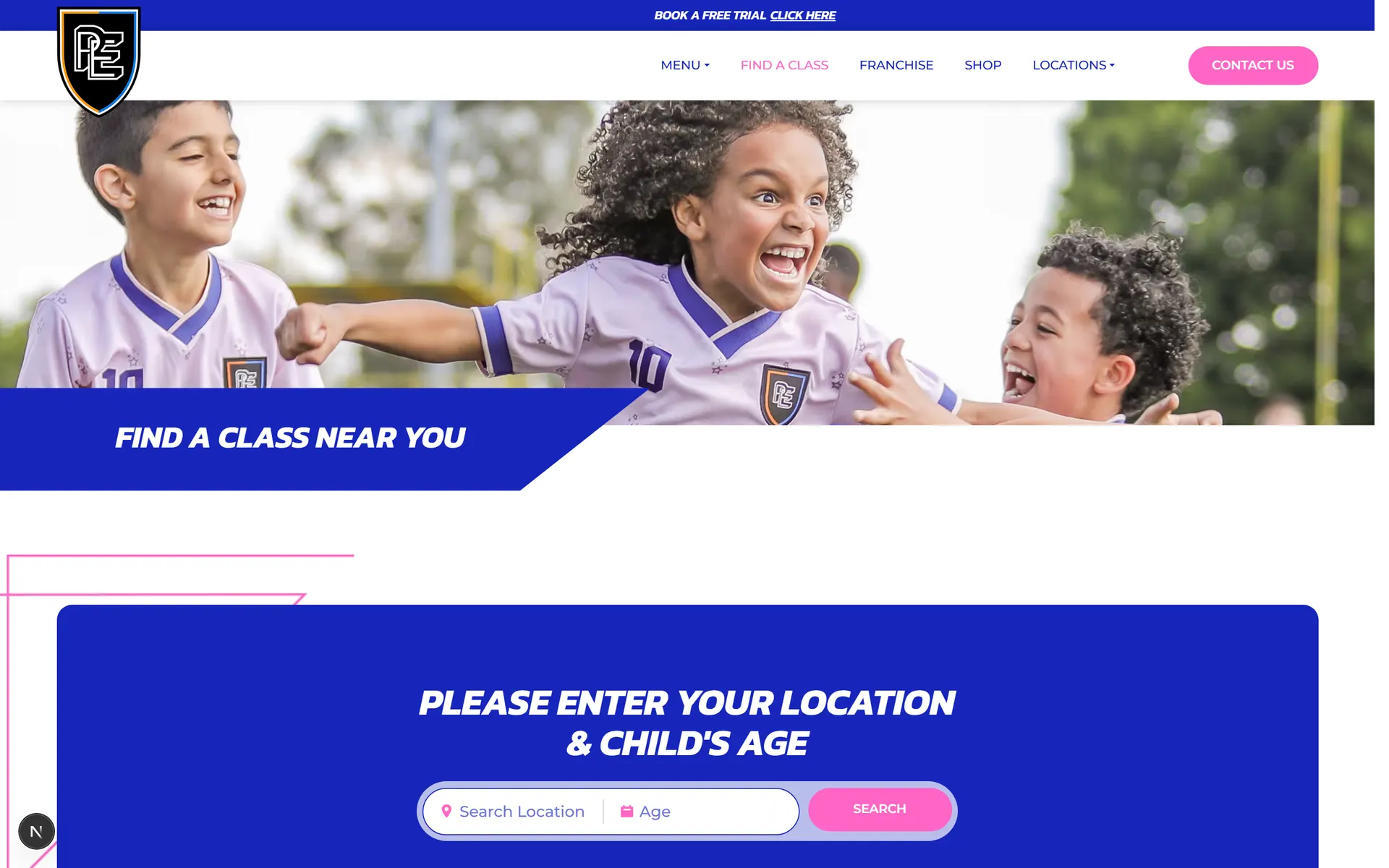 Find a Class page with location and age search form