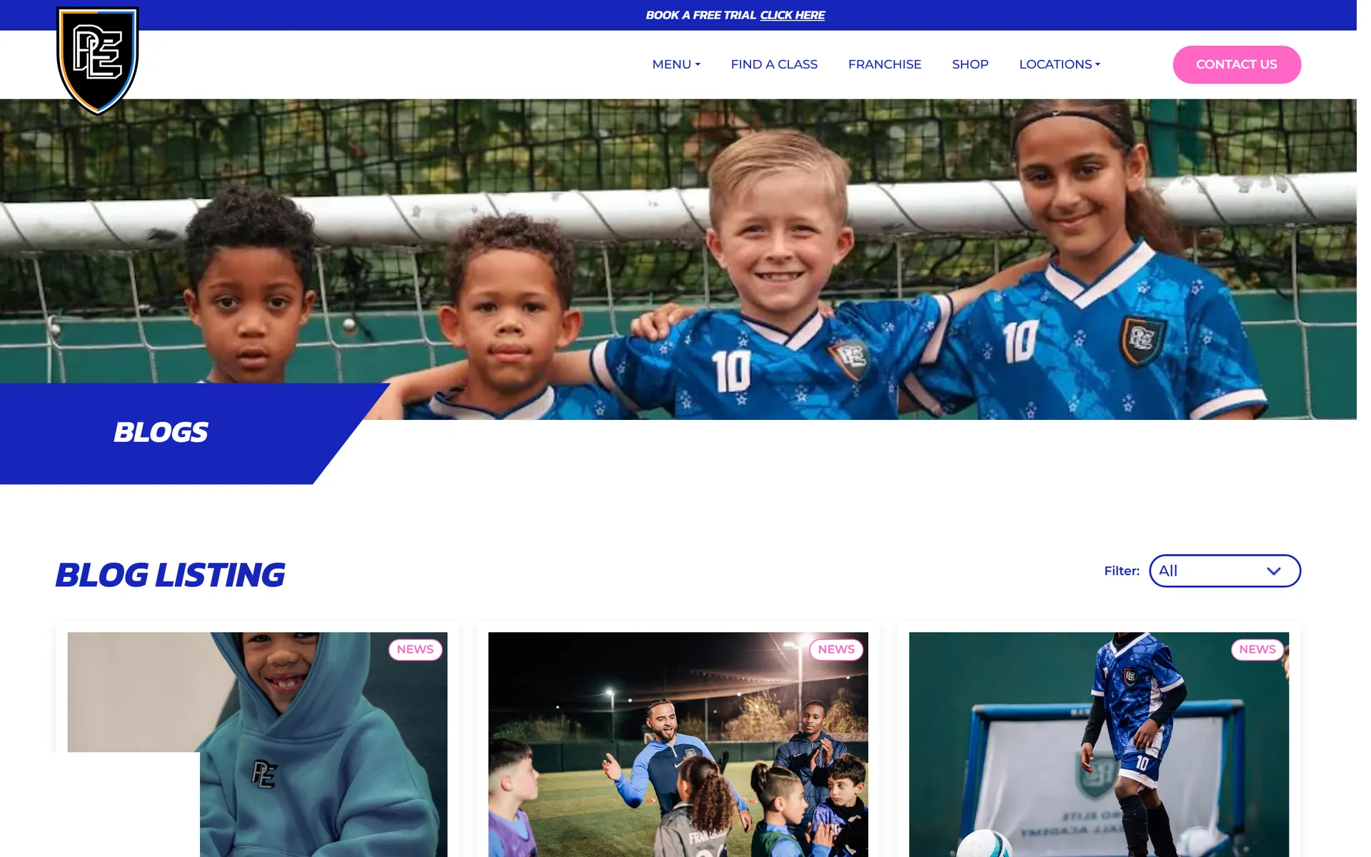 Blog listing page with category filter and news cards