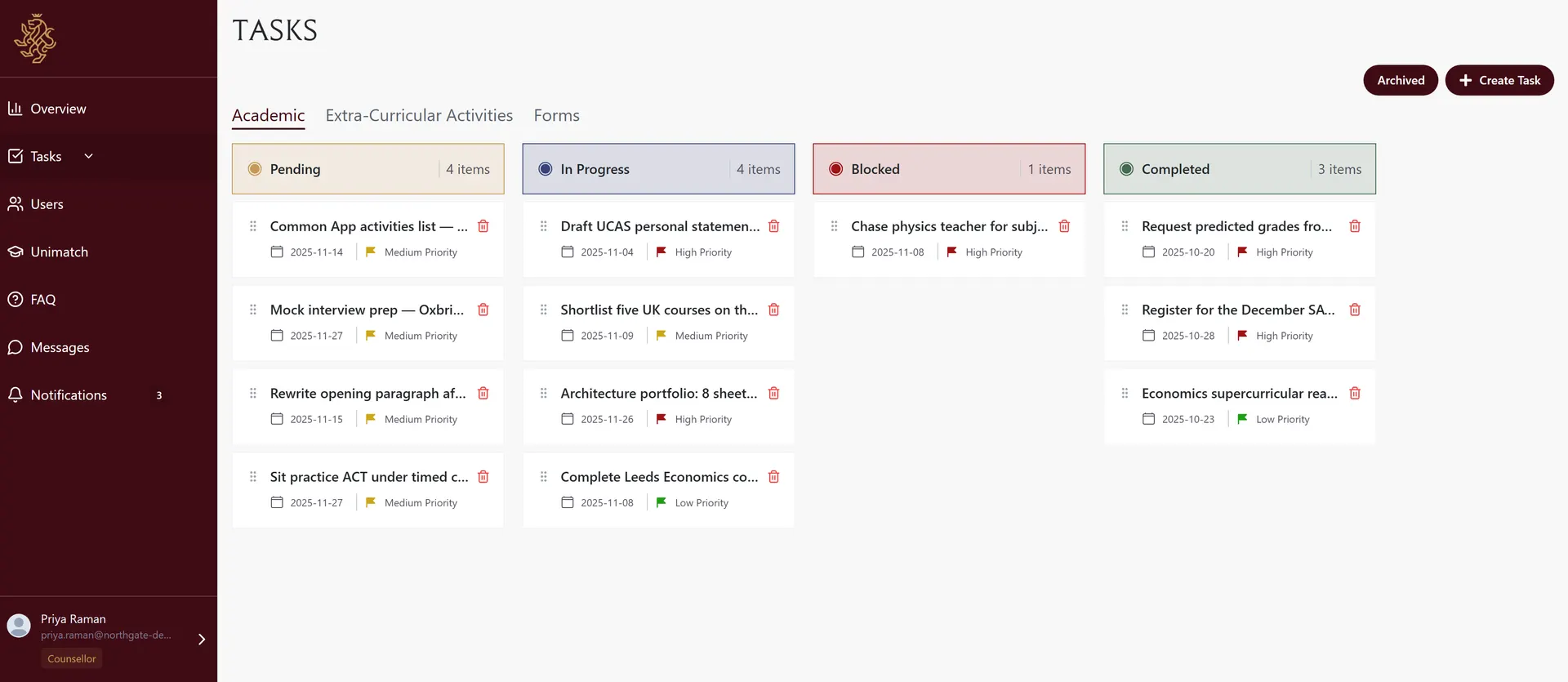 Counsellor task board with Pending, In Progress, Blocked, and Completed columns