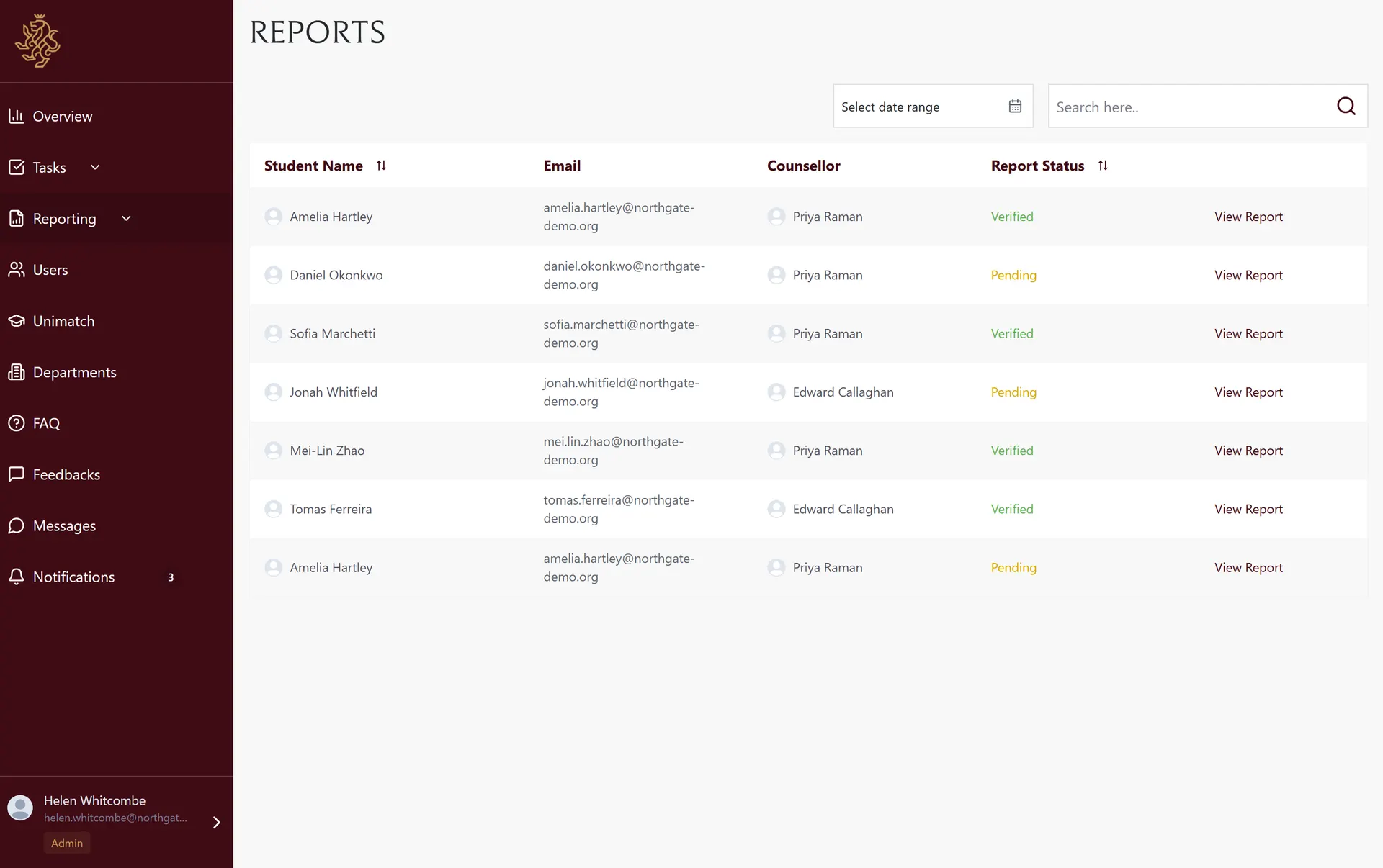 Monthly report register showing student, counsellor, and verification status
