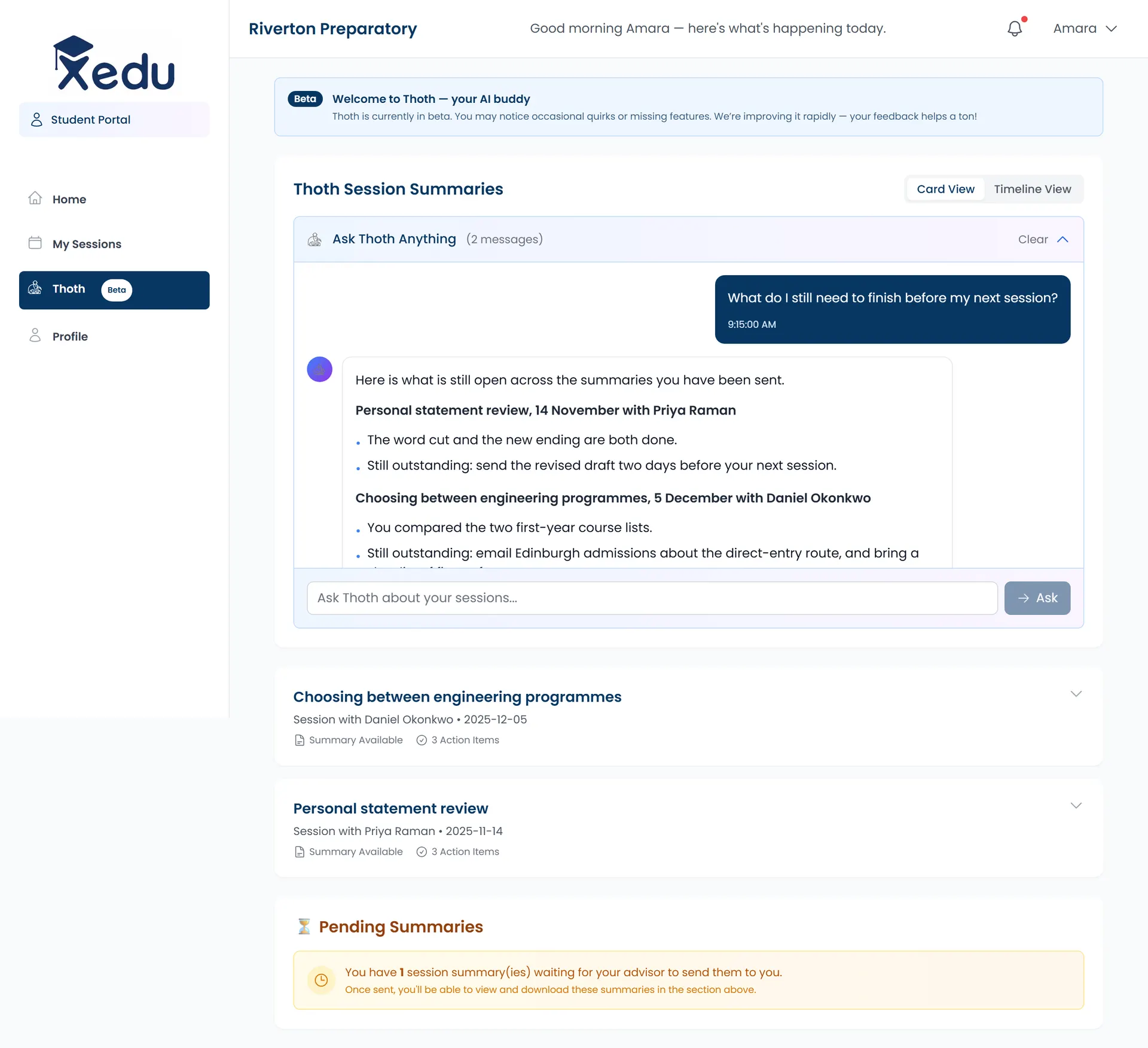 Thoth copilot chat answering a question across past session summaries