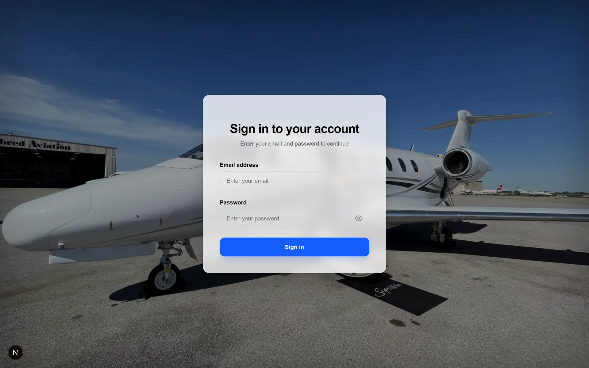 Branded sign-in screen over full-bleed aircraft photography