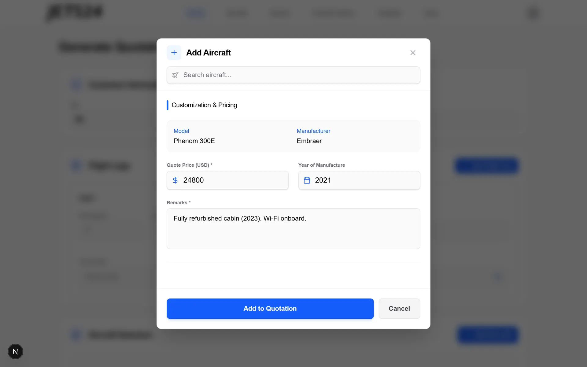 Add Aircraft dialog with fleet search and per-proposal price, year, and remarks overrides