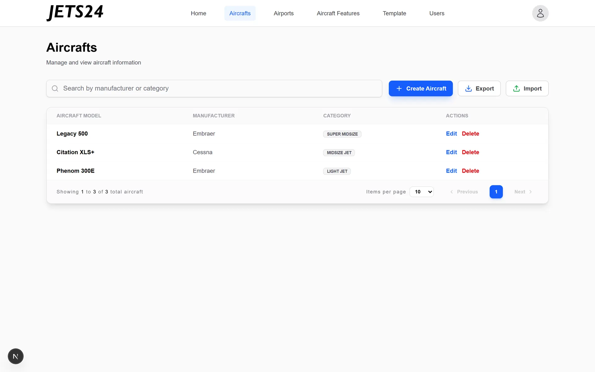 Aircraft catalog table with search, pagination, Excel export, and ZIP import actions