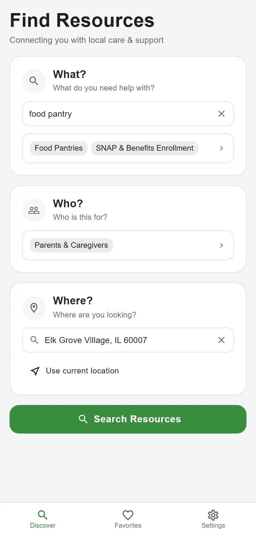 Consumer search landing screen on a phone viewport with keyword field, category chips, and location input