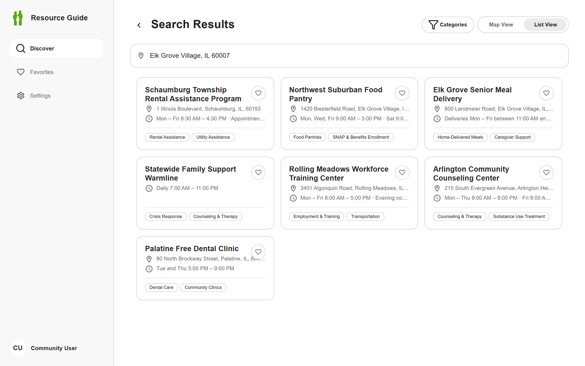 Desktop search results for food assistance showing ranked resource cards with category filters and a map view toggle