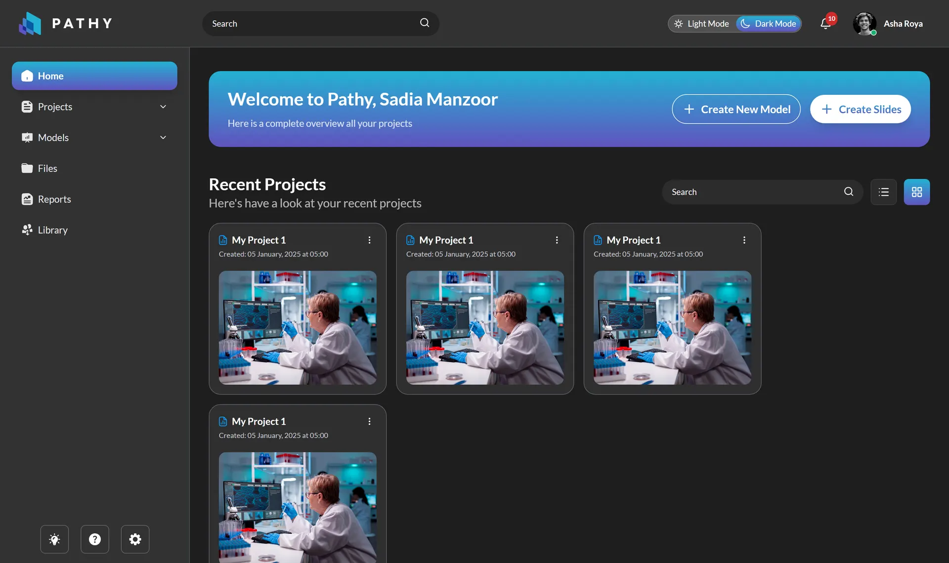 Home dashboard rendered in the persisted dark theme