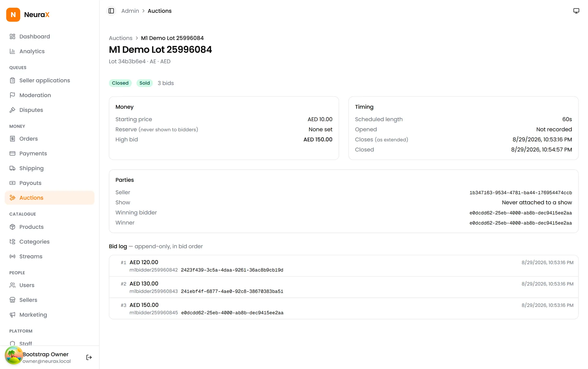 Admin auction detail showing a closed lot with its immutable, append-only bid log