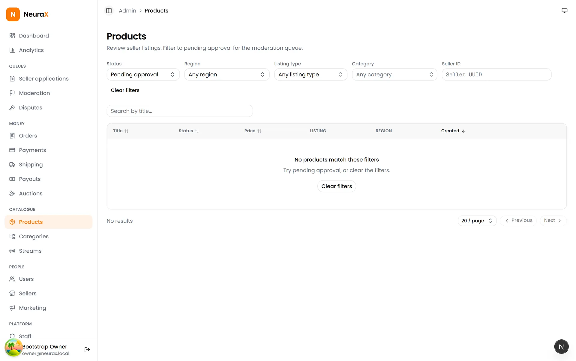 Product approval queue filtered to pending listings