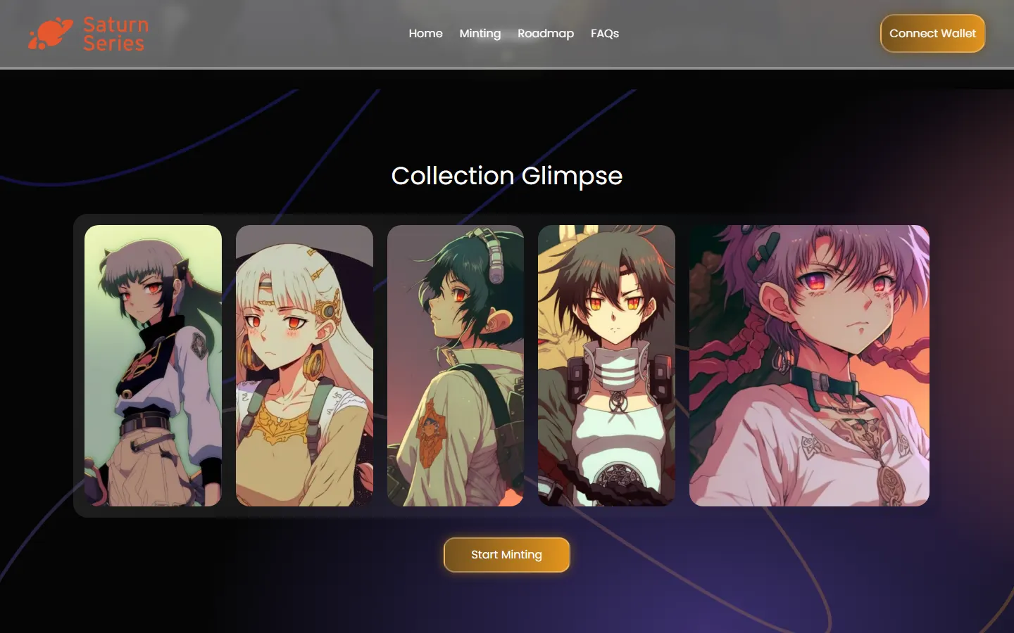 Collection Glimpse gallery showing five sample artworks with a start minting call to action