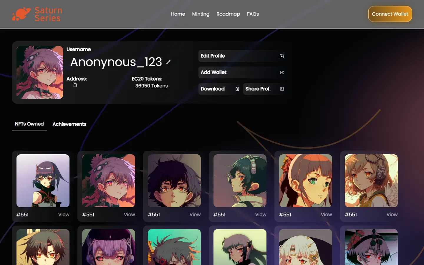 Wallet-linked profile concept with inline username editing, address copy, and an owned NFTs grid