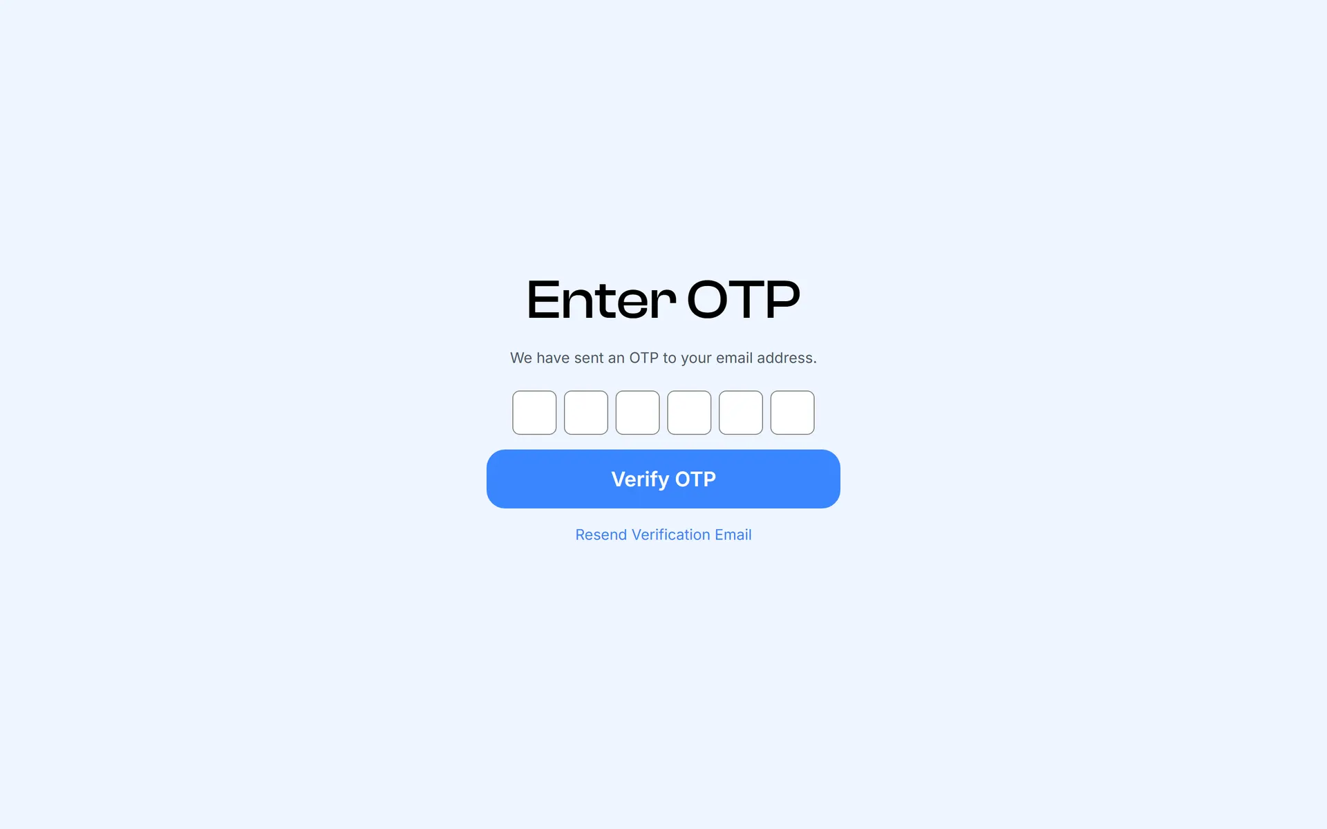 Six-digit email OTP verification screen with resend option
