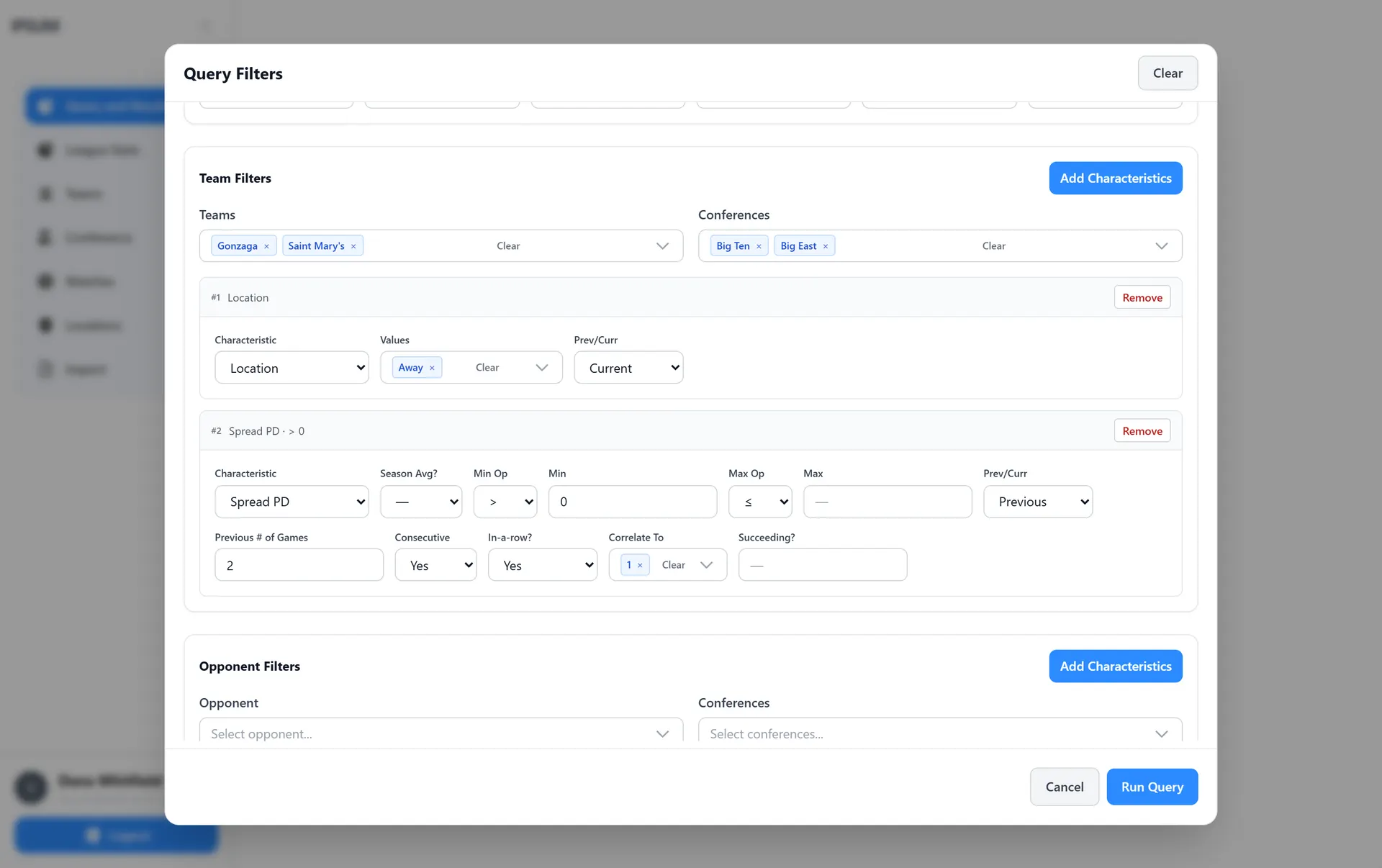 Query filters modal with team scope, characteristic rows, and streak and correlation controls