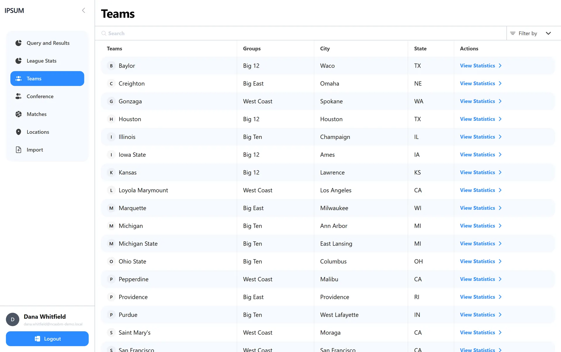 Teams directory with search, conference filter, and links into each team's statistics