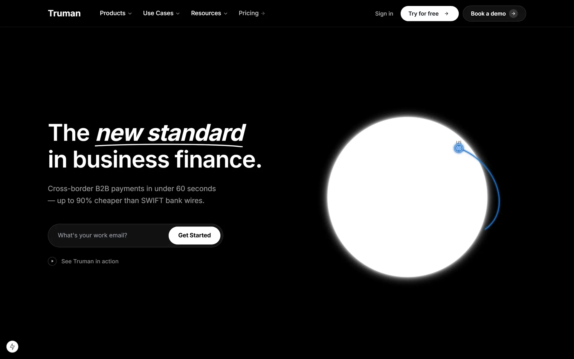 Marketing site hero reading The new standard in business finance over an animated globe