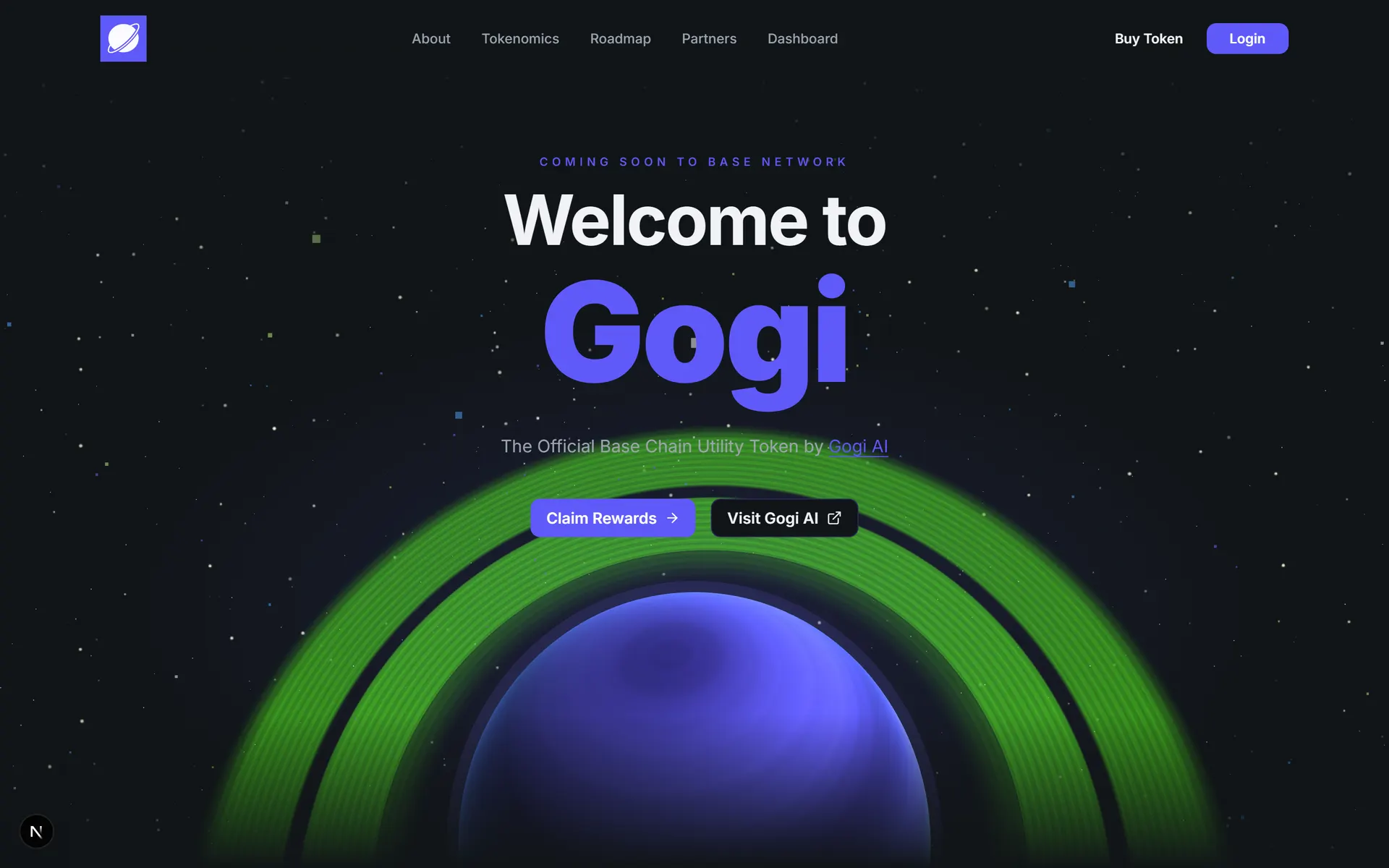 Landing page with a three.js ringed-planet scene over a star field and claim rewards call to action