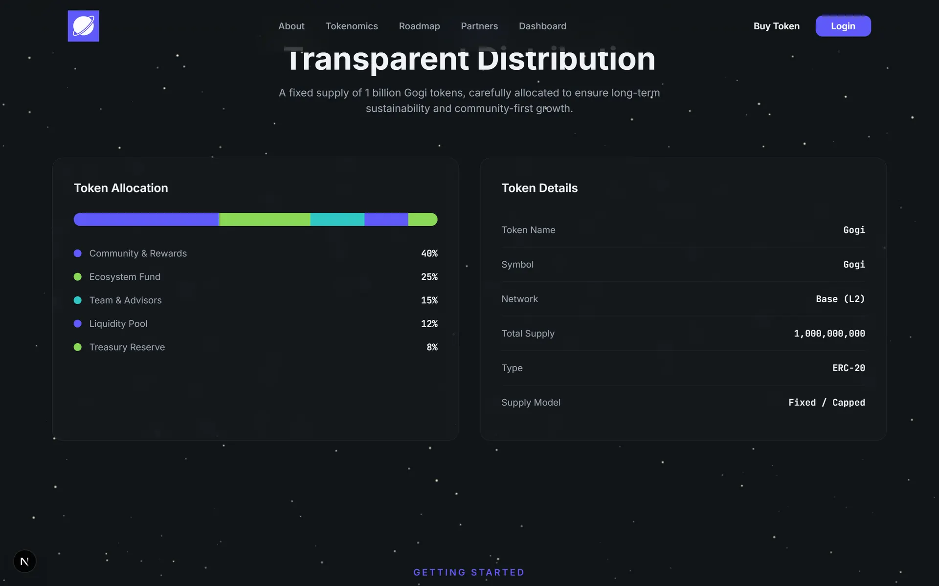 Tokenomics section showing a five-way allocation breakdown beside a token details card
