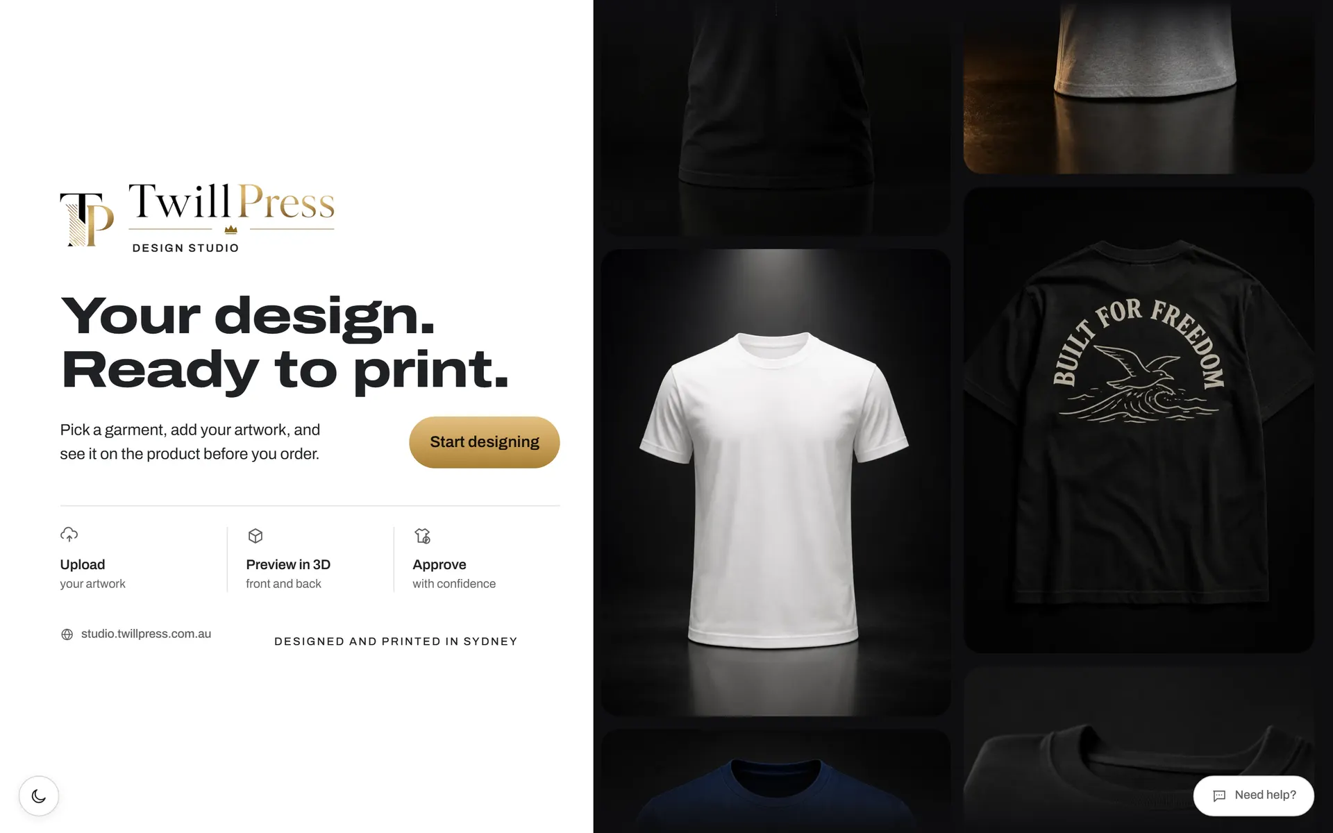 Twill Press Design Studio welcome screen with a three step promise and a garment mosaic