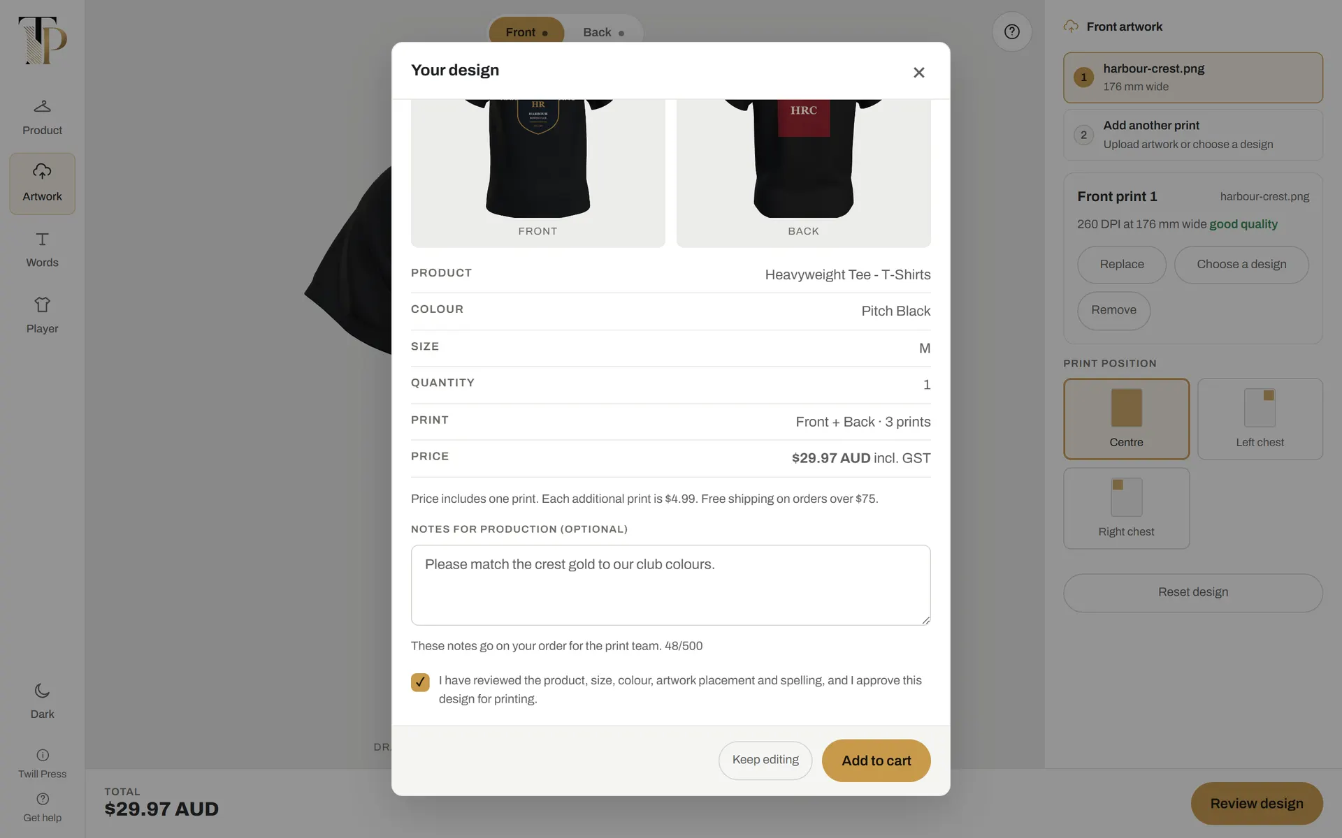 Approval screen with rendered front and back previews, order summary and a required approval checkbox